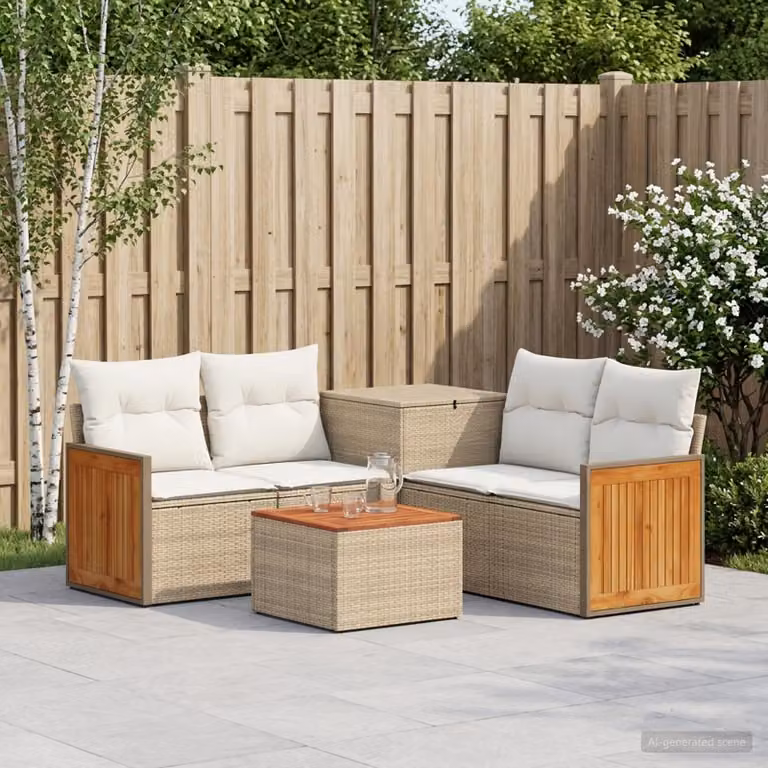 Set di divani da giardino vidaXL in polyrattan beige e bianco crema con tavolo da caffè e cuscini inclusi