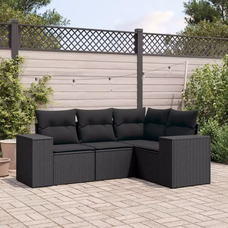Set di divani da giardino vidaXL a forma di L composto da 4 pezzi in polyrattan nero con cuscini inclusi
