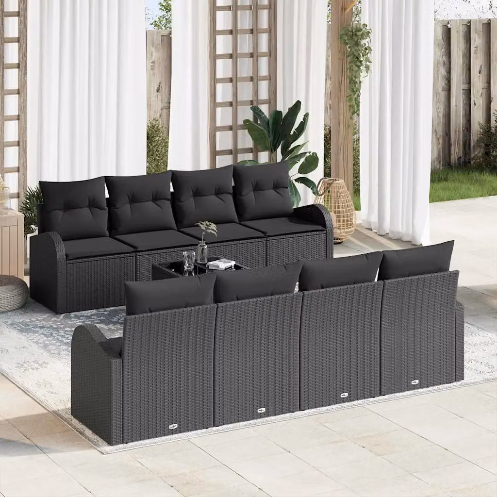 Set Divano da Giardino vidaXL 9 pz in Polyrattan Nero con Cuscini e Tavolino – 1