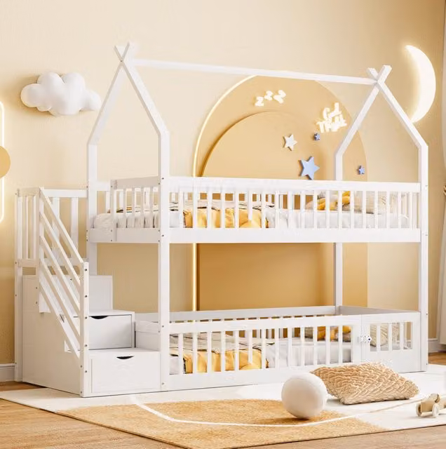 Letto a castello 90x200 cm con tetto e scala con cassetti bianco