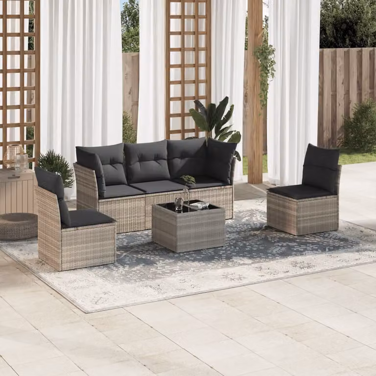 Set Divano da Giardino vidaXL 6pz in Polyrattan Grigio con Cuscini e Tavolino
