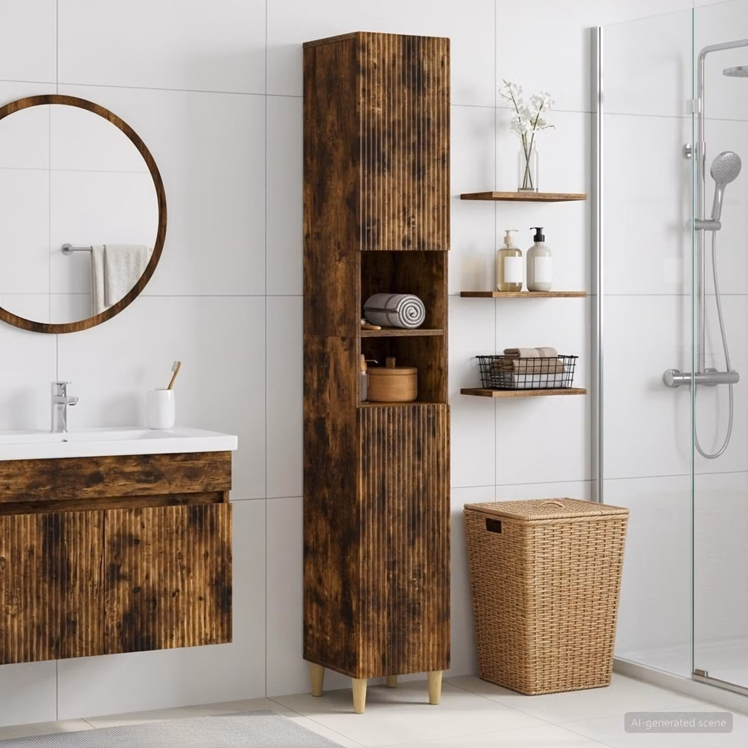 Armadio da Bagno vidaXL ARNHEM con Ripiano Aperto e Ante a Battente, Rovere Fumo, L/P/H: 31 x 23,9 x 190 cm
