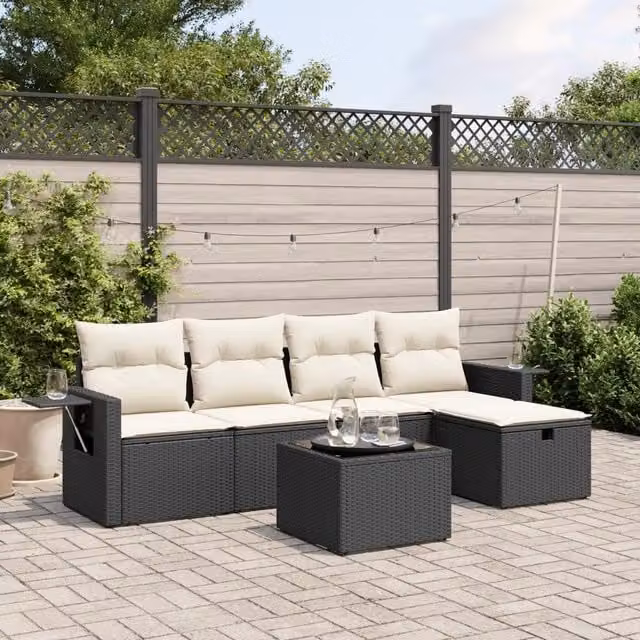 Set Divano da Giardino 6 pz con Cuscini Nero in Polyrattan 3263782