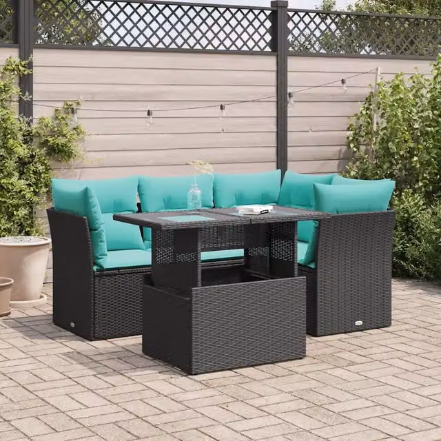 Set Divani da Giardino 5 pz con Cuscini Nero Polyrattan Acacia 3326148