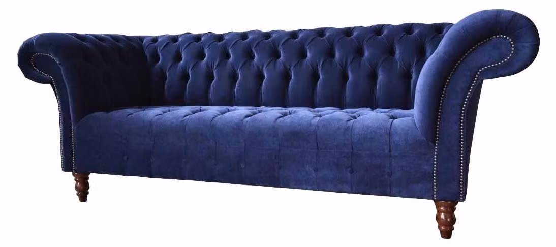 Chesterfield Design Luxus Polster Sofa Couch 3 Sitz Blau Textil