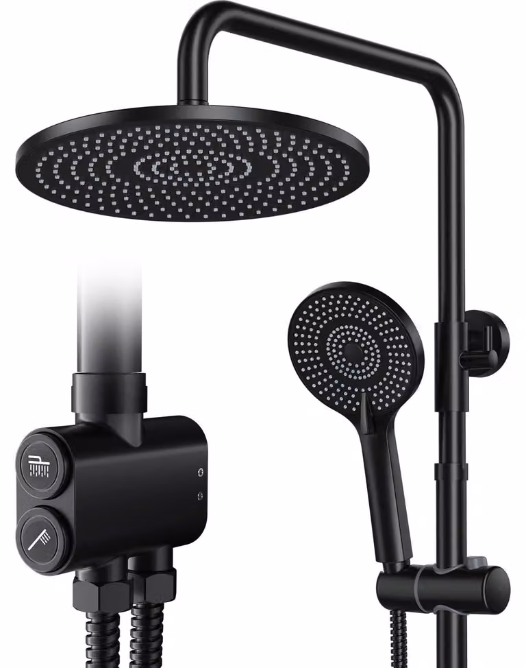 Doccia a soffitto, 25 cm, nera, rotonda, con 3 tipi di getto, colonna doccia