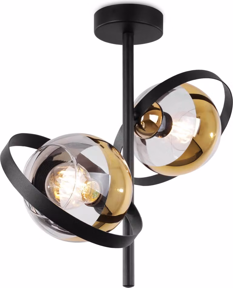 Lampada da soffitto Ronda nero-oro a 2 luci con paralumi dorati E27