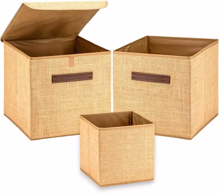 Set Azomor® composto da 3 contenitori pieghevoli in juta con manico, ideali per la casa e l'ufficio