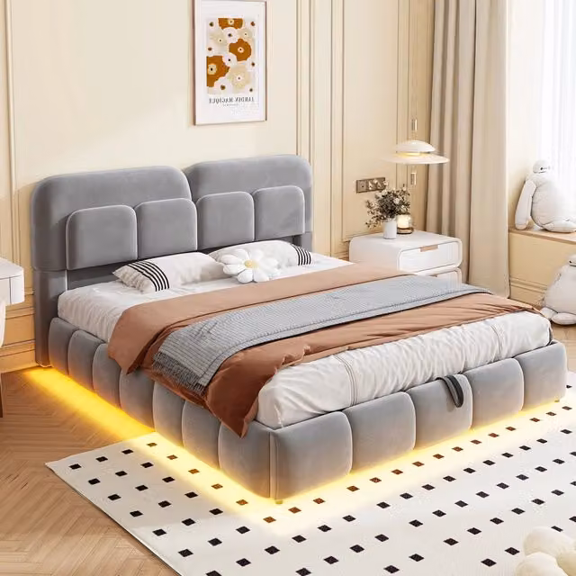 Letto contenitore 140x200 cm; matrimoniale con contenitore idraulico; rete a doghe; testiera e lati imbottiti; LED; velluto; grigio