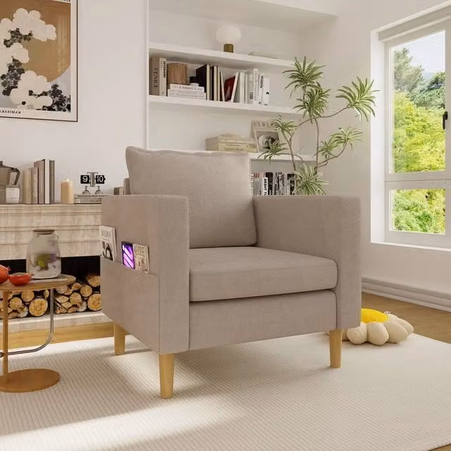Poltrona relax imbottita Minimal in velluto grigio stile nordico con cuscino e tasca portaoggetti
