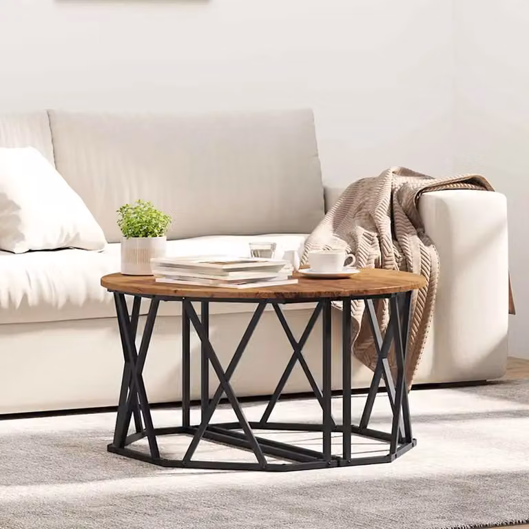 vidaXL Tavolino da salotto rotondo in legno vecchio e metallo, marrone, L/P/H: 80 x 80 x 42 cm