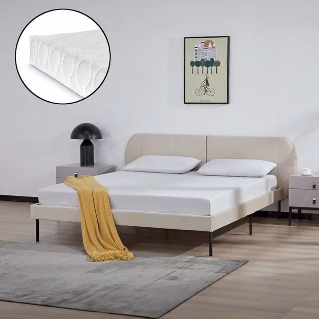 Letto Matrimoniale Porvoo en.casa con Testiera e Materasso in Velluto Beige L/P: 160 x 200 cm
