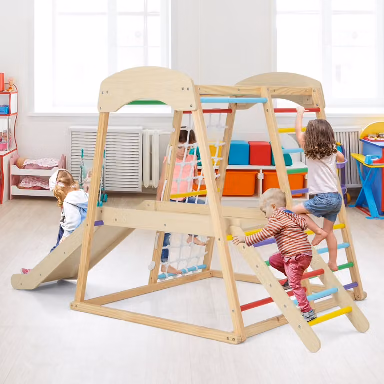 Costway Parco giochi 6-in-1 in legno multicolore per bambini dai 1 anni con scivolo, barre per scimmiette, corda e scale