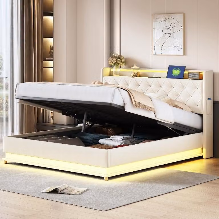 Letto imbottito LED 160x200 cm con porta USB, spazio contenitore con sistema idraulico e rete a doghe in metallo, rivestito in tessuto beige con testiera, ideale per la camera da letto