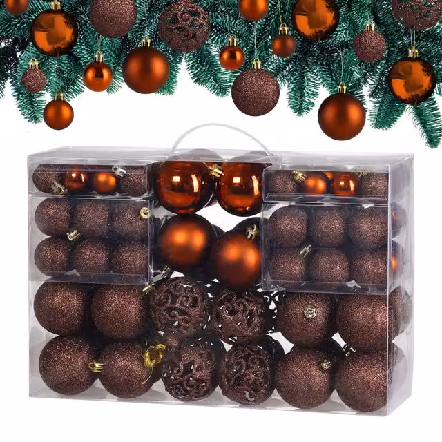 Set da 100 palline di Natale Casaria marroni con decorazione classica e geometrica