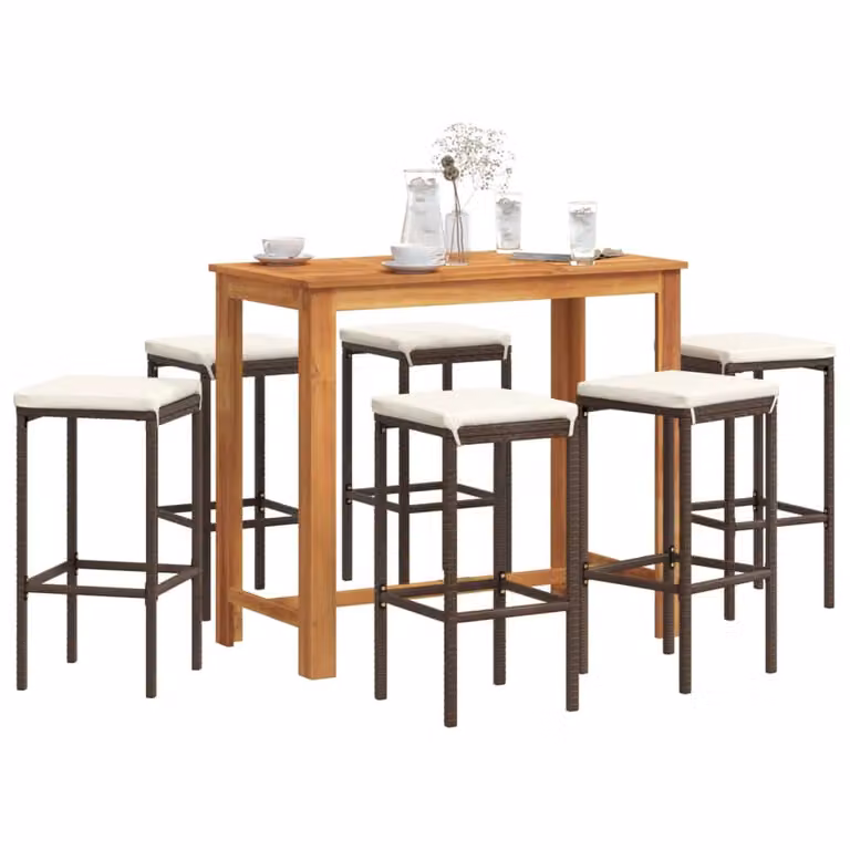 vidaXL Set Bar da Giardino 7 Pezzi in Legno di Acacia e Polyrattan Marrone e Bianco