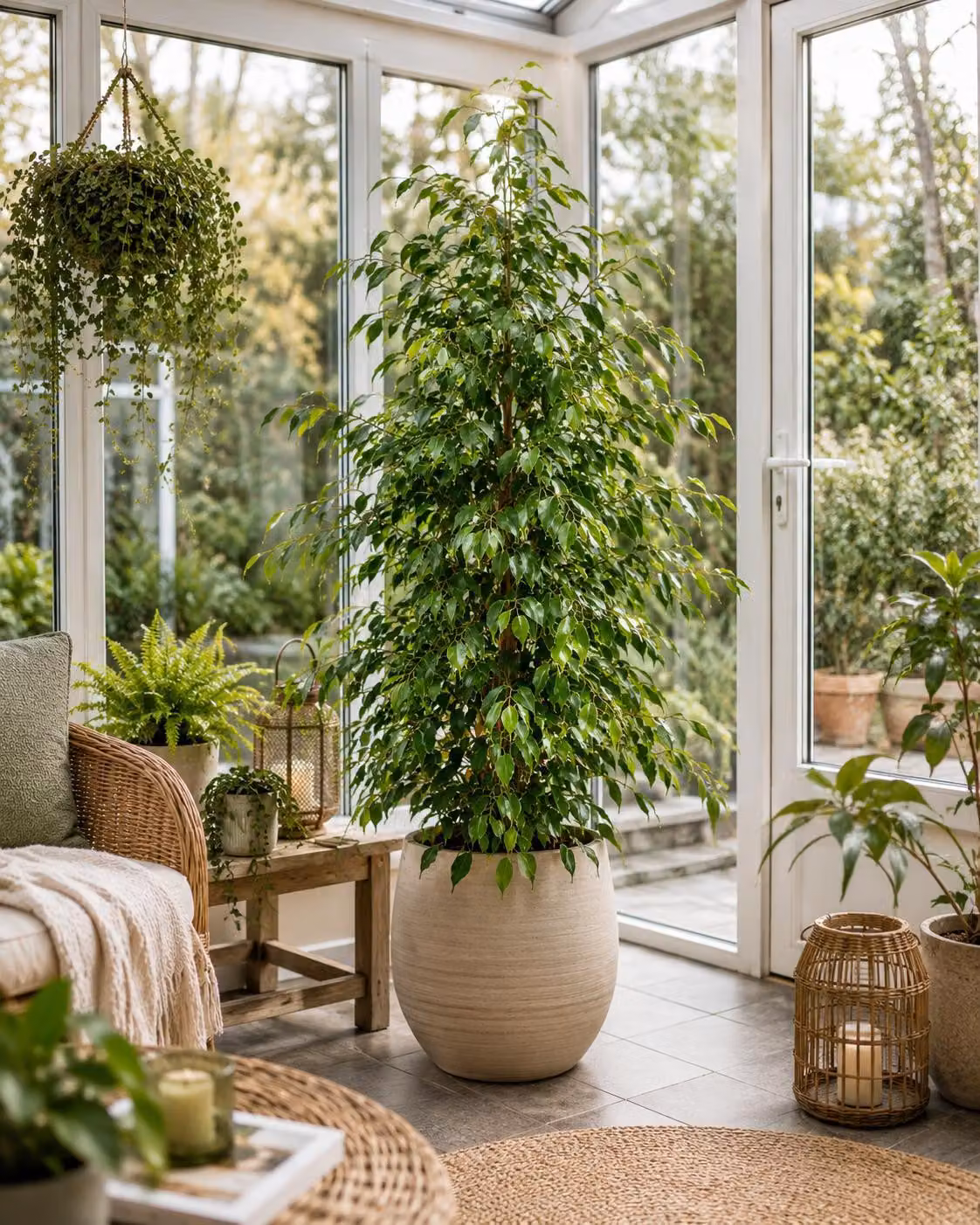 Birkenfeige Ficus Benjamina Esotica, altezza 130–150 cm – Grande pianta da interno, ficus purificatore dell'aria, pianta verde facile da curare, ideale per ufficio e casa