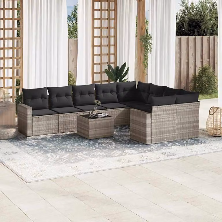 Set Divano da Giardino vidaXL 10 Pezzi in Polyrattan Grigio con Cuscini e Tavolino
