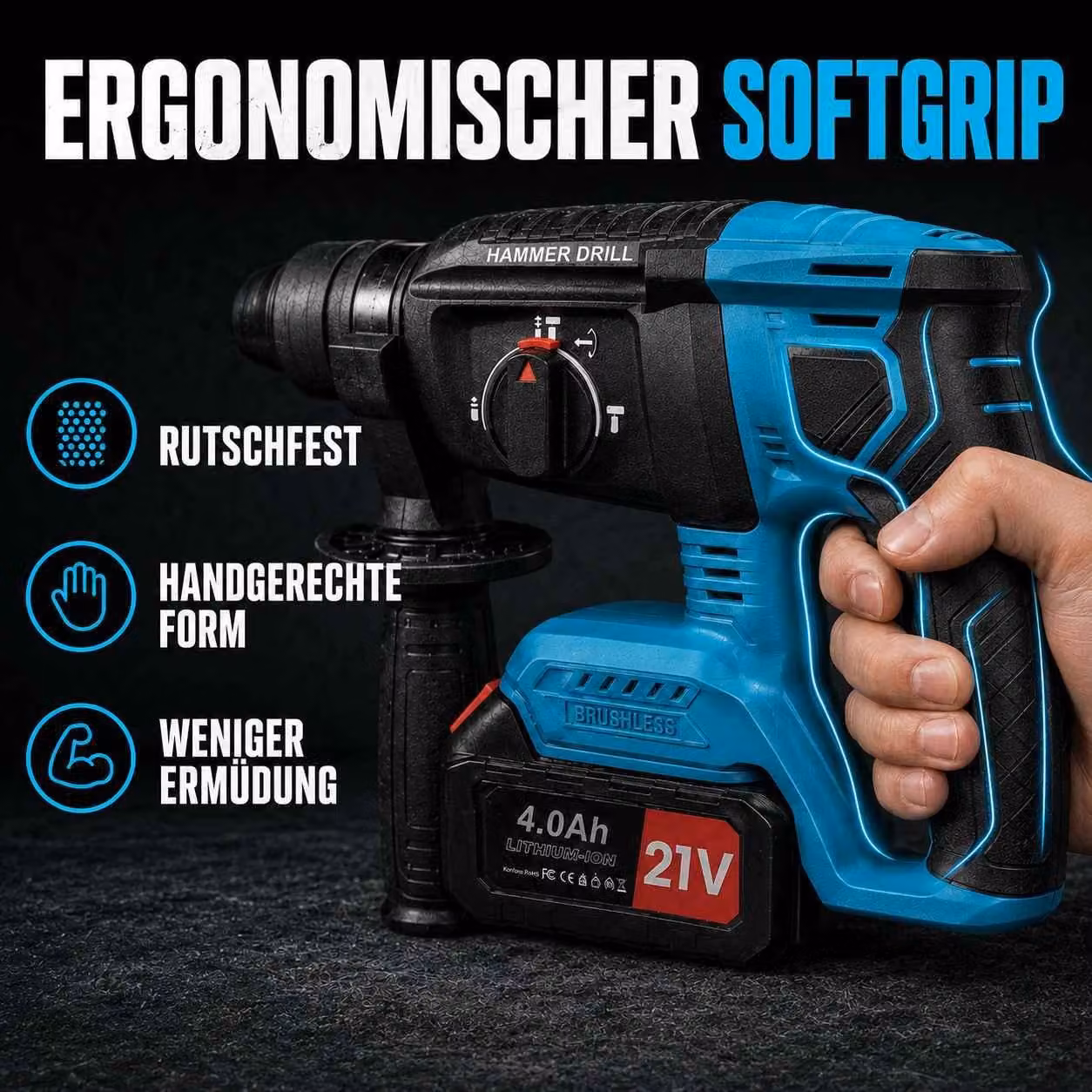 Trapano avvitatore a batteria AIORBER, 21V, brushless, combinato SDS Plus, con 2 batterie al litio da 4.0Ah, caricabatterie, set di punte e scalpelli, colore blu e nero