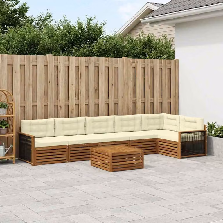 Set di divani da esterno vidaXL 7 pezzi in legno di acacia con tavolo da caffè, colore beige e bianco