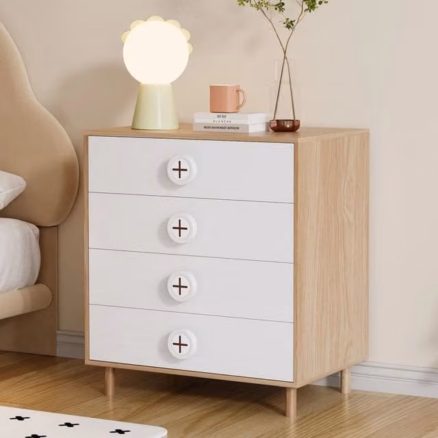 Cassettiera 4 Cassetti Comodino Bianco e Legno in MDF 80x54x90 cm
