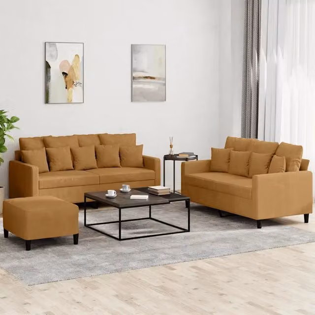 Set di divani 3 pezzi vidaXL in velluto marrone con cuscini per soggiorno in stile moderno