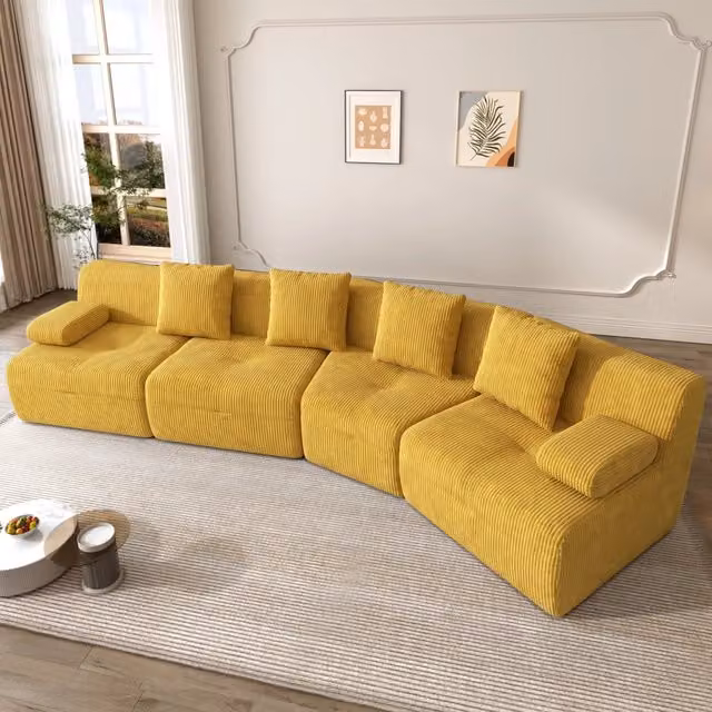 Divano modulare 4 posti 311x90x65 cm senza montaggio in velluto a coste giallo brillante