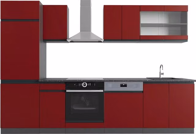 Cucina componibile moderna Vicco R-Line a forma di J in legno, colore Rosso e Antracite lucido, L: 300 cm – 1
