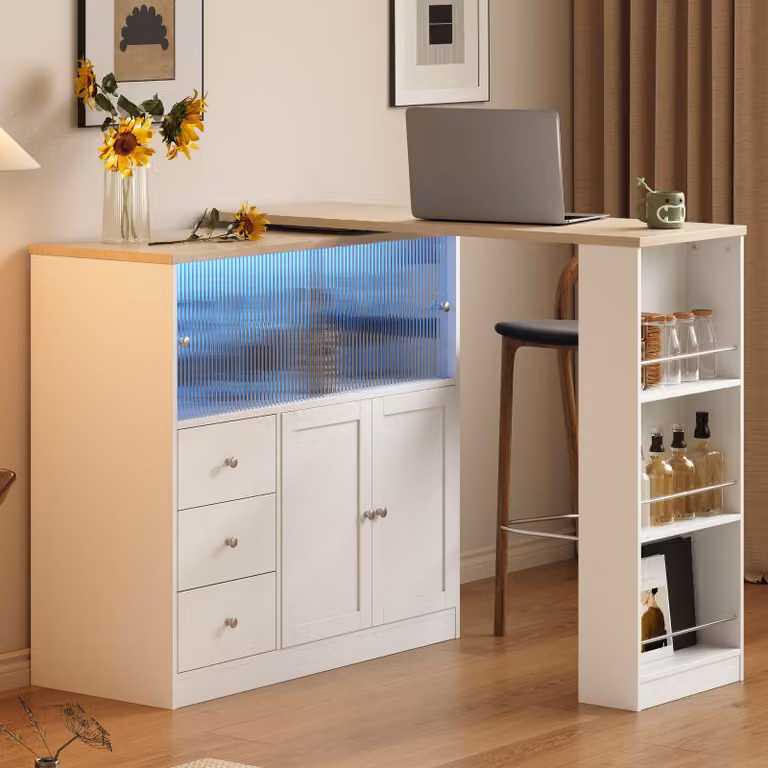 Isola da cucina Merax con piano girevole a 360°, bancone allungabile con 3 cassetti, tavolo da pranzo con ante scorrevoli in vetro, mobile contenitore a buffet con illuminazione RGB a LED, realizzato in MDF, colore bianco