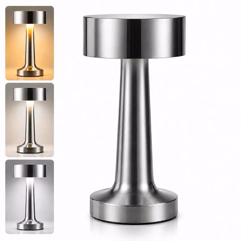 Lampada da tavolo LED senza fili, design a maniglia, dimmerabile – 3 livelli di intensità controllabili tramite touch, metallo, ricaricabile tramite USB, protezione degli occhi, 1800 mAh, luce bianco caldo. L'idea regalo perfetta – Argento
