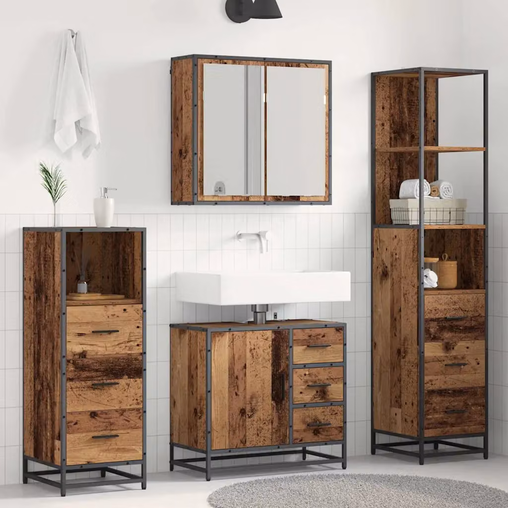 Set di mobili per il bagno moderno vidaXL in legno e metallo marrone composto da 4 pezzi con armadietto a specchio, mobile lavabo, mobile laterale e colonna alta