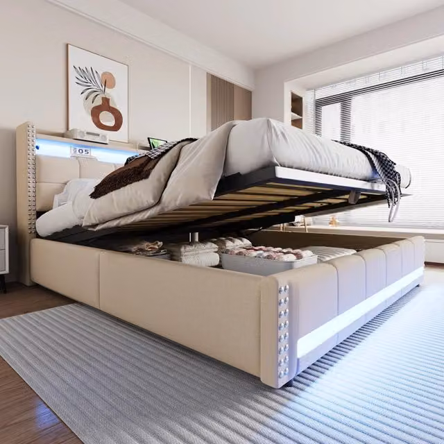 Letto matrimoniale 180×200 cm con contenitore idraulico, LED regolabili, USB e mensole, senza materasso, beige