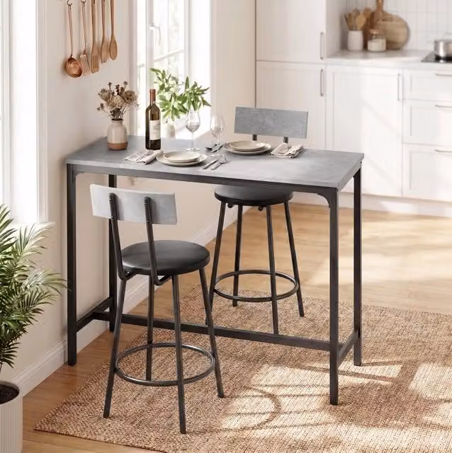 Set tavolo da bar ULEVR 100x40x90,5 cm con 2 sgabelli imbottiti in similpelle e poggiapiedi, grigio