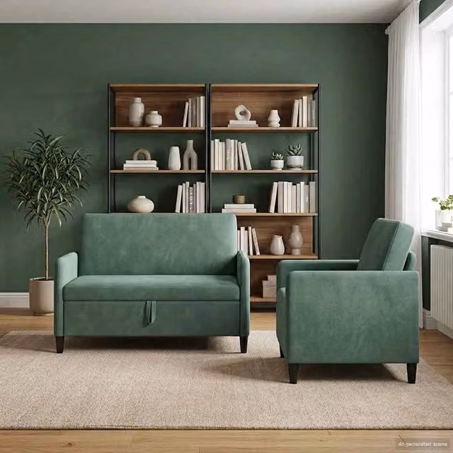 Set di 2 Divani Moderni vidaXL con Contenitore e Seduta a Sollevamento, Rivestimento in Tessuto Verde
