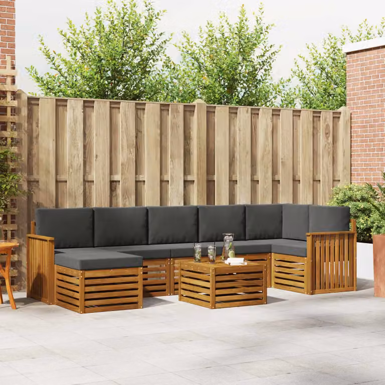 Set di divani da esterno vidaXL 8 pz in legno di acacia con forme a L, tavolo da caffè e pouf, beige e antracite