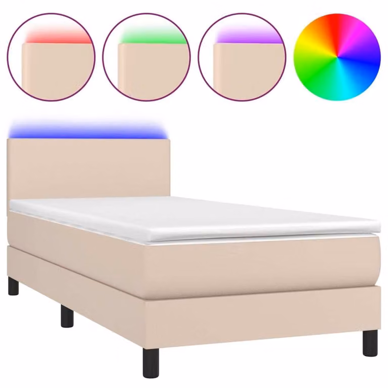 Giroletto Molle Materasso e LED Cappuccino 90x200 cm Pelle finta