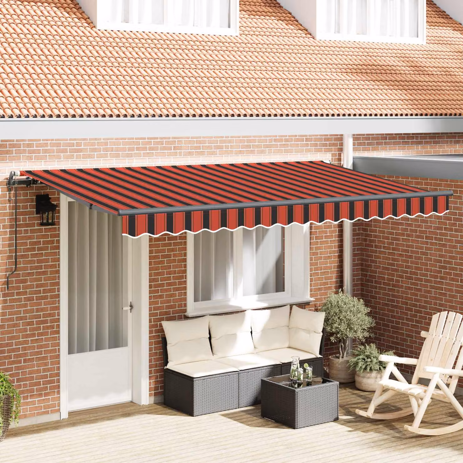 Tenda retrattile vidaXL con bracci pieghevoli in alluminio e tessuto in poliestere, Arancione e Bianco, L 350 x P 200 cm