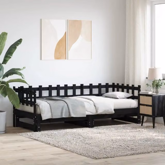 Dormeuse estraibile vidaXL in legno massello di pino nera per camera da letto o soggiorno, 2 unità da 90x190 cm
