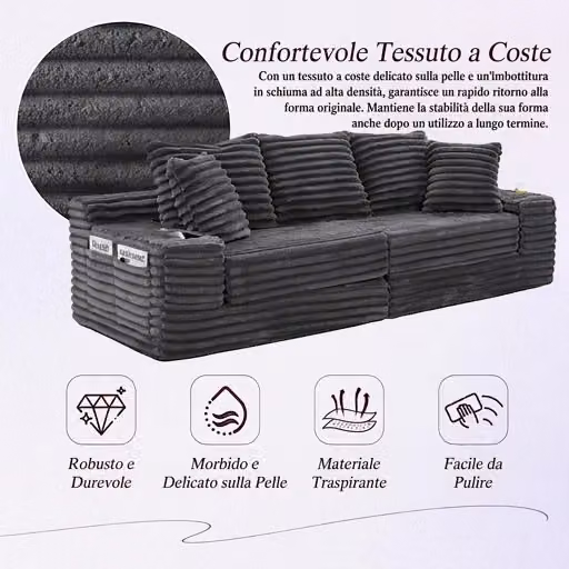 Divano letto modulare Vovees Living in velluto a coste grigio scuro, 4 posti, L: 273 cm – 2