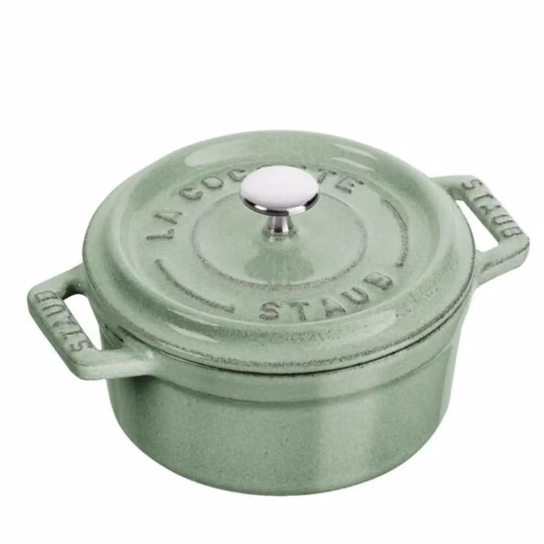 Casseruola tonda in ghisa per induzione colore salvia con maniglie e coperchio, diam. 10cm
