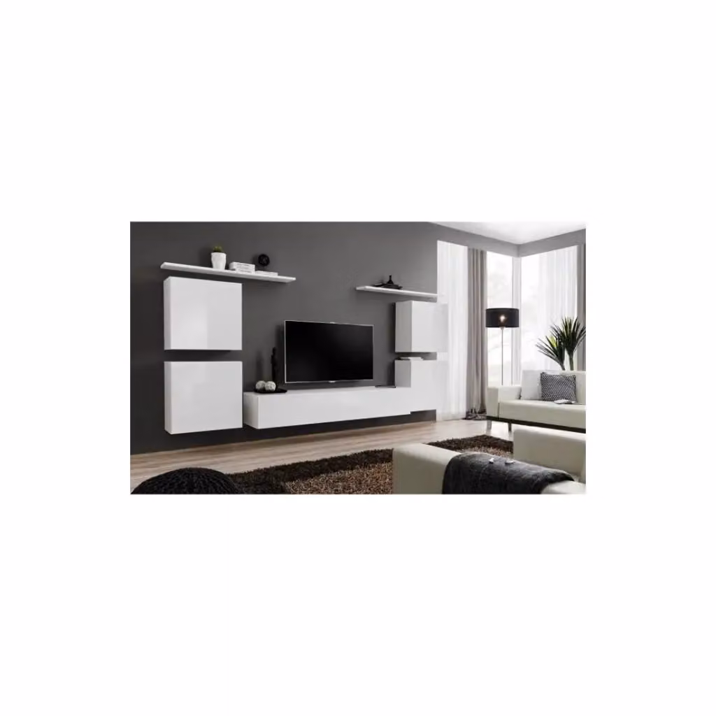 Composizione murale sospesa SWITCH IV Meublorama bianco lucido per soggiorno con lowboard, pensili e mensole L: 320 cm – 2