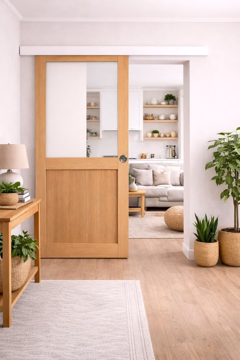Porta scorrevole da laboratorio in noce con vetro H204 x L83 cm, binario in alluminio con fascia bianca, conchiglie grandi per GD MENUISERIES