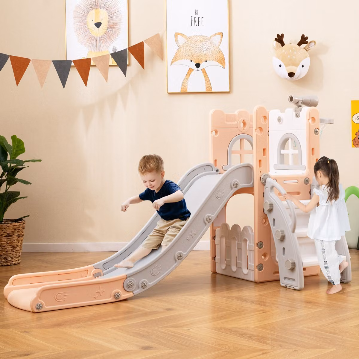 Costway Scivolo per interni 6 in 1 con canestro da basket e spazio per telescopio, forma a L, Grigio e rosa