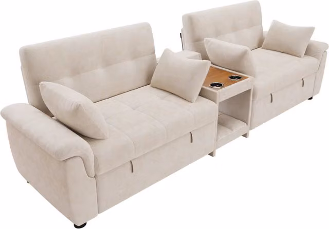 Divano letto a forma di U in chenille beige con doppio estraibile e schienale regolabile 284×138×89 cm