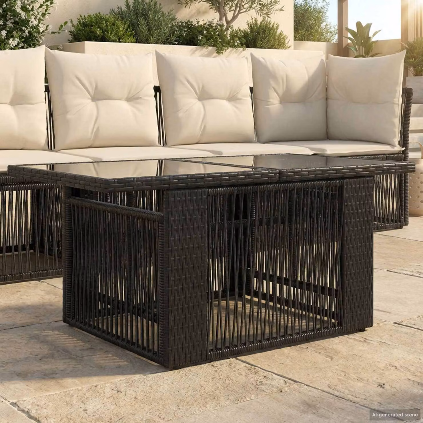 vidaXL Tavolo da giardino rettangolare moderno in acciaio nero con piano in vetro, regolabile in altezza, L 100 x P 55 x H 37 cm