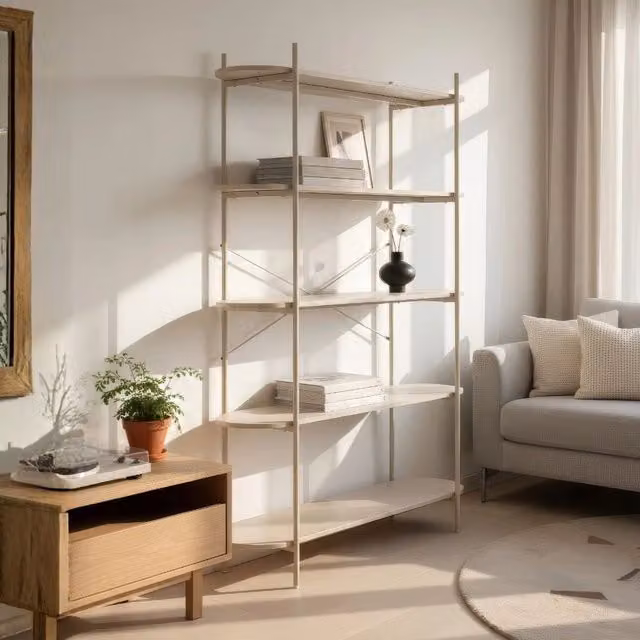 Libreria Hanoi20B in stile industrial con 5 ripiani in legno rovere e struttura in metallo beige e marrone, L 120 cm x P 34,5 cm x H 174 cm – 1