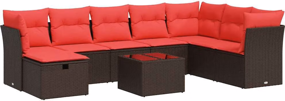 Set Divani da Giardino 9pz con Cuscini Marrone in Polyrattan
