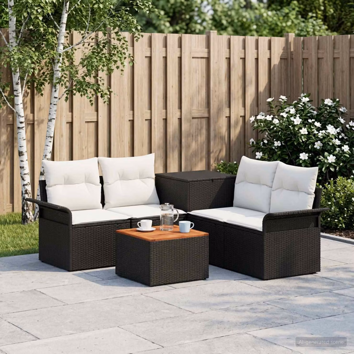 Set di divani da giardino vidaXL a forma di L composto da 6 pezzi con tavolino e pouf, colore nero e bianco, struttura in metallo e tessuto resistente alle intemperie