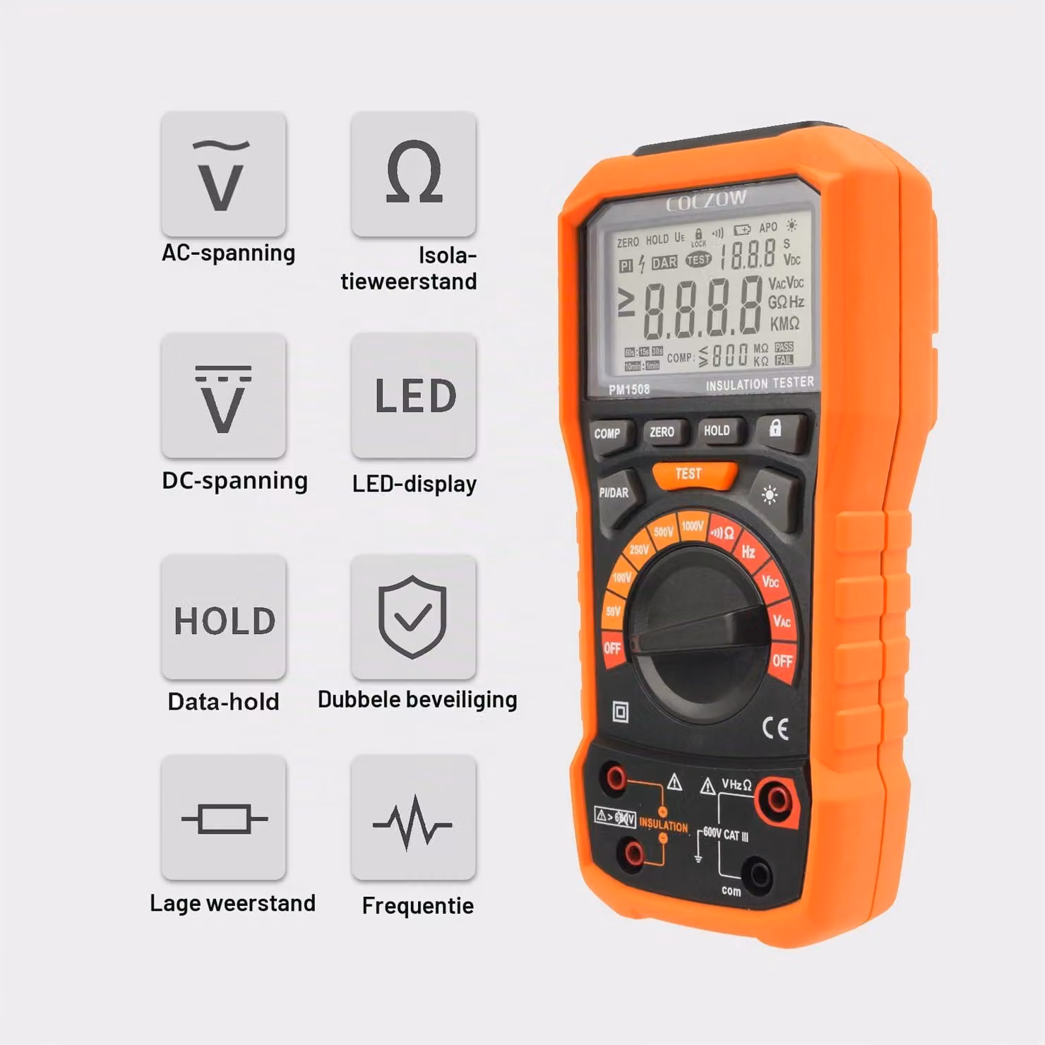Tester per la resistenza di isolamento, 1000V, 100 GΩ, con misurazione PI/DAR e display LCD