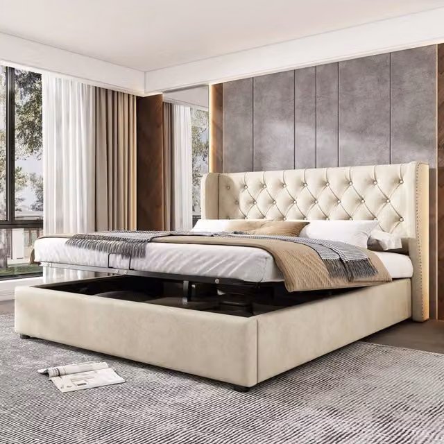 Letto matrimoniale imbottito stile Chesterfield 180x200 cm in velluto beige con contenitore